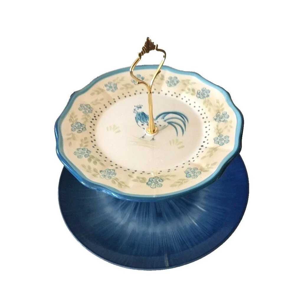 Custom 2 Tier Cake Stand Cottage Core Blue Floral Rooster Country